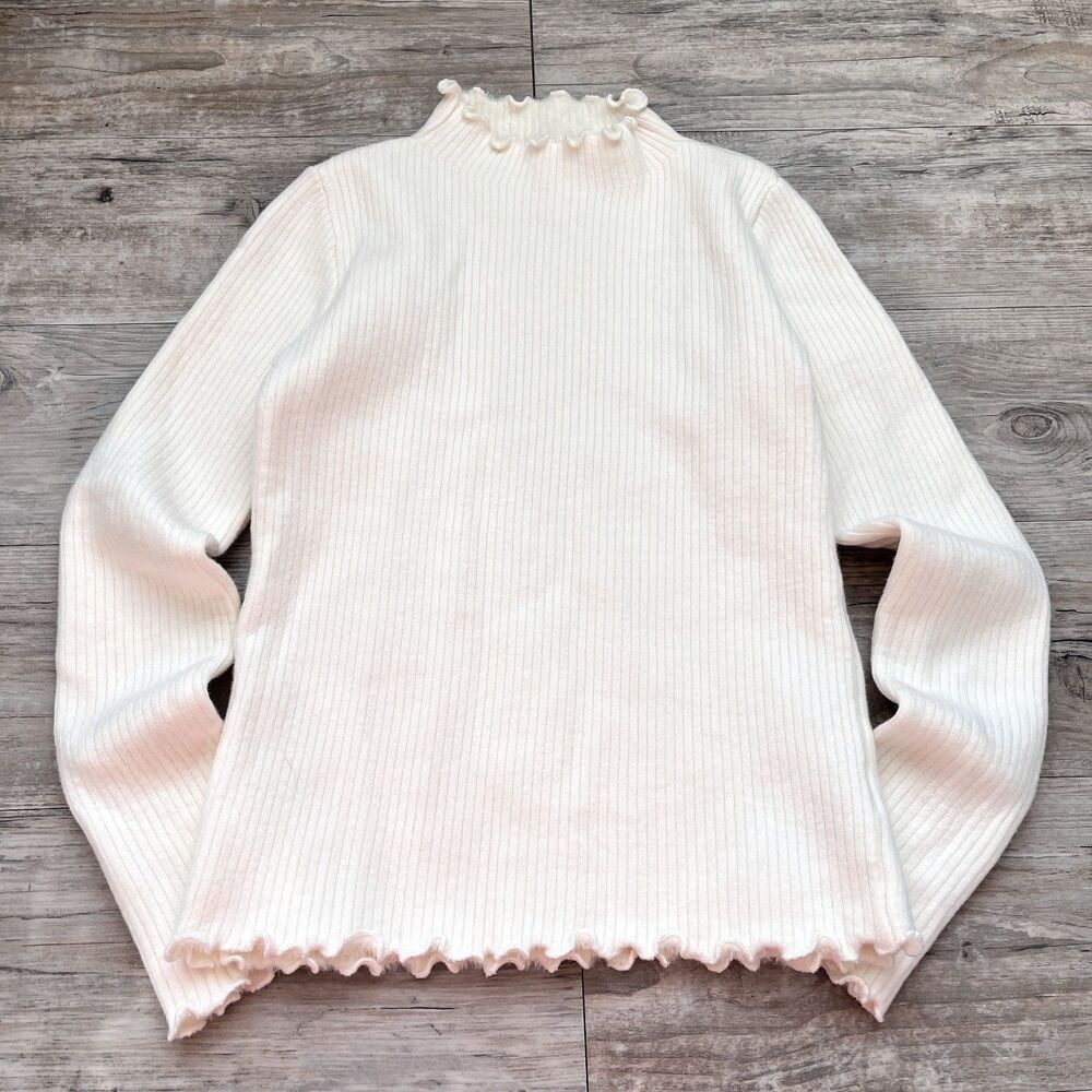 Women's Ribbed Turtleneck S Coquette Edge Cream Off-White Knit Stretch Layering
